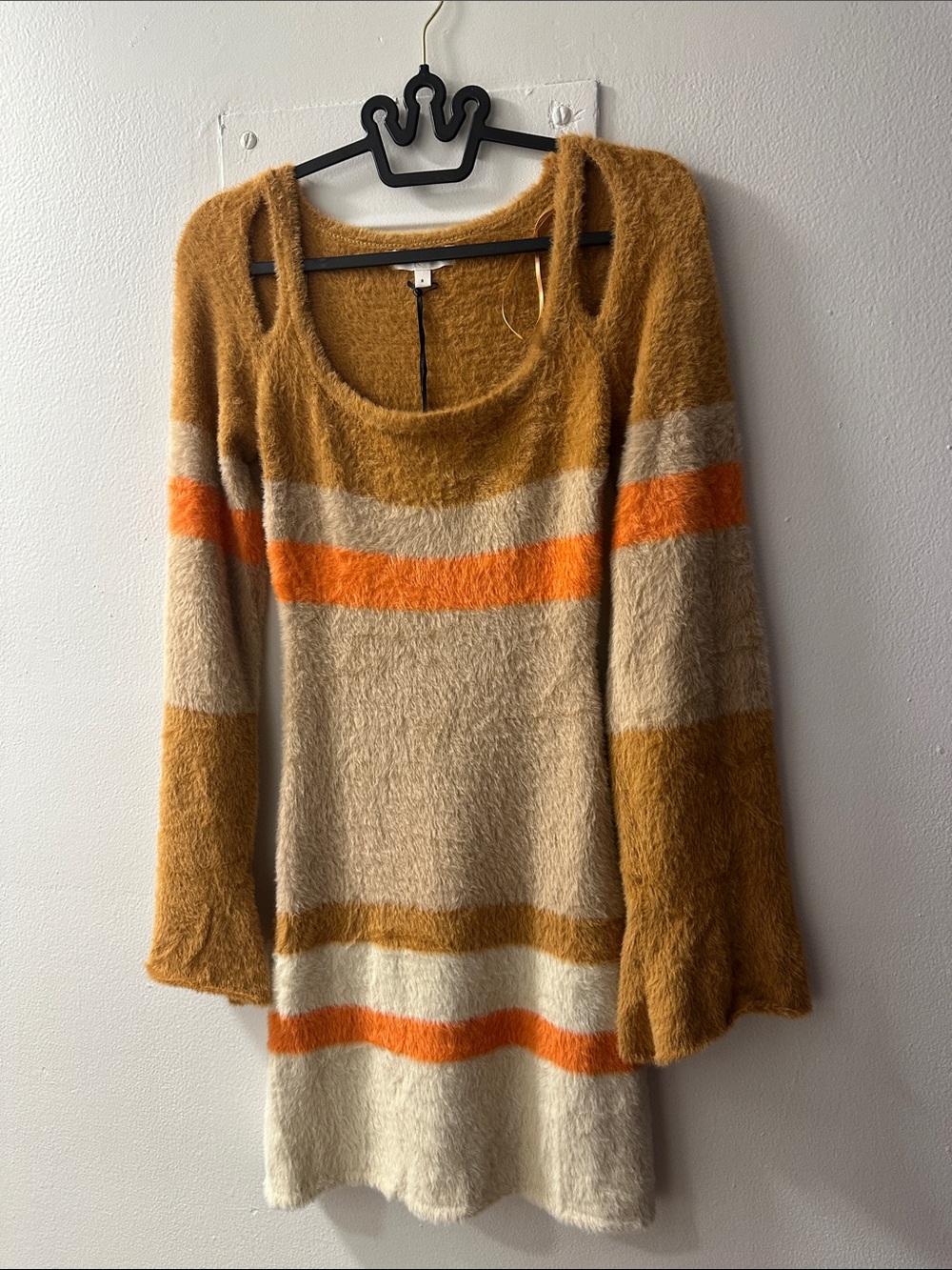 Striped Cozy Scoop-Neck Sweater Dress in Mustard, Cream & Orange